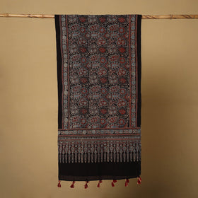 Buy Black Mul Cotton Block Print Ajrakh Stole with Tassels