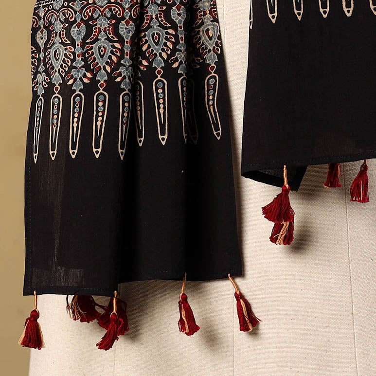 Buy Black Mul Cotton Block Print Ajrakh Stole with Tassels