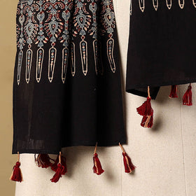 Buy Black Mul Cotton Block Print Ajrakh Stole with Tassels