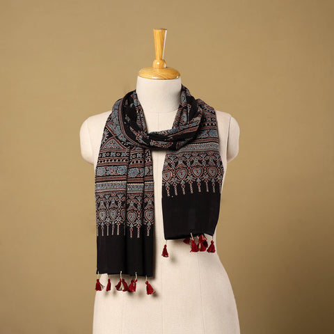  Black Mul Cotton Block Print Ajrakh Stole with Tassels