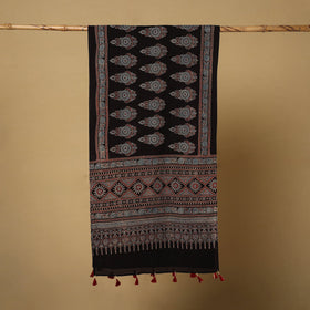  Black Mul Cotton Block Print Ajrakh Stole with Tassels