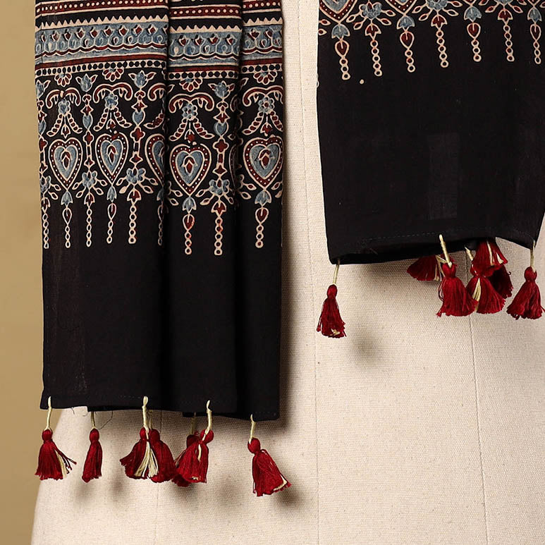  Black Mul Cotton Block Print Ajrakh Stole with Tassels