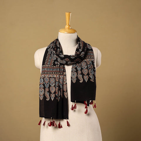 Buy Mul Cotton Block Print Ajrakh Stole with Tassels