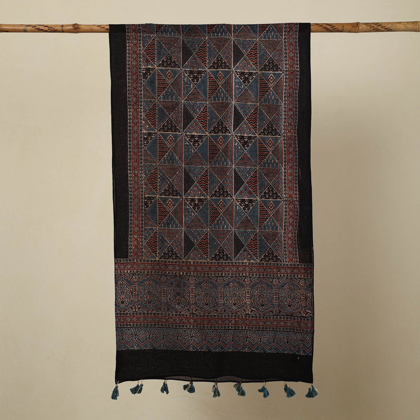 Multicolor Block Print Mul Cotton Ajrakh Stole With Tassels