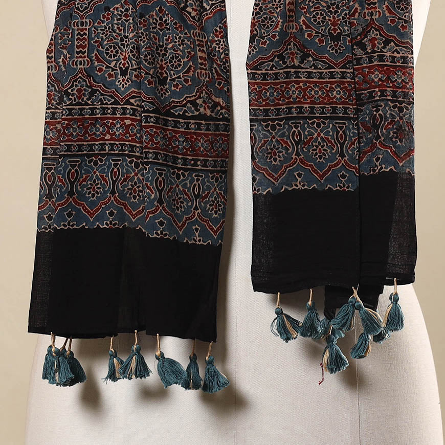 Multicolor Block Print Mul Cotton Ajrakh Stole With Tassels