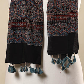 Multicolor Block Print Mul Cotton Ajrakh Stole With Tassels