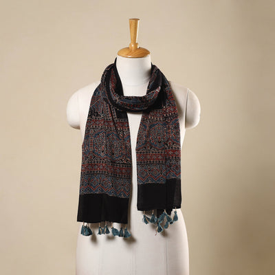 Multicolor Block Print Mul Cotton Ajrakh Stole With Tassels
