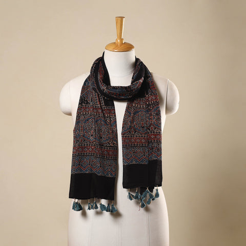 Multicolor Block Print Mul Cotton Ajrakh Stole With Tassels