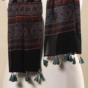 Black Block Print Mul Cotton Ajrakh Stole With Tassels