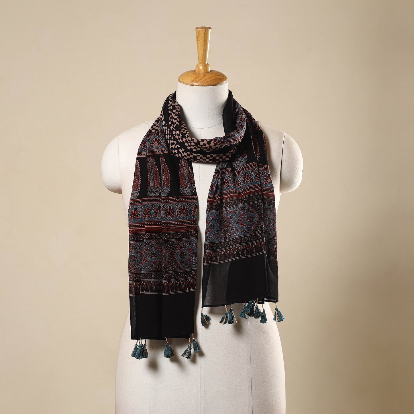 Black Block Print Mul Cotton Ajrakh Stole With Tassels