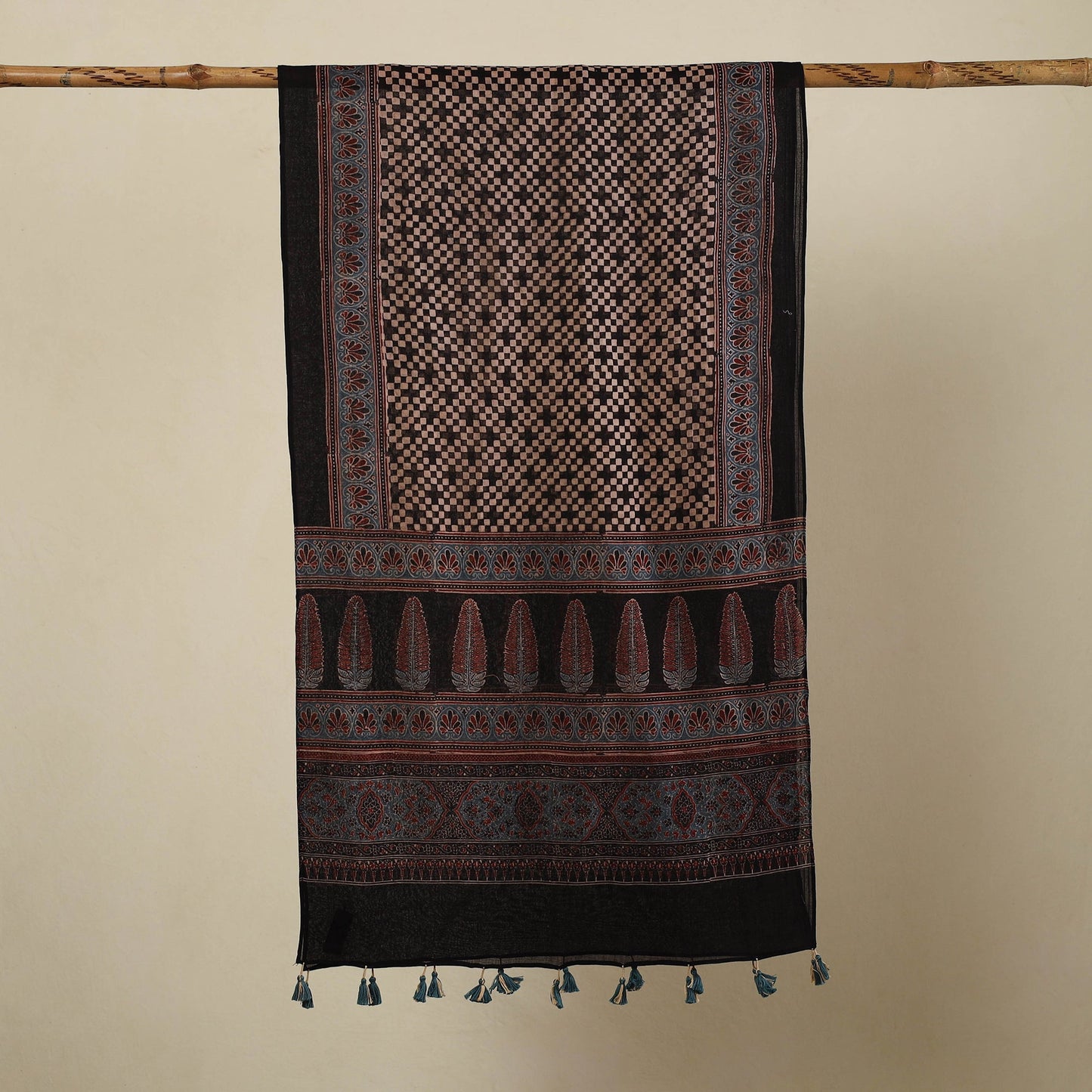 Black Block Print Mul Cotton Ajrakh Stole With Tassels