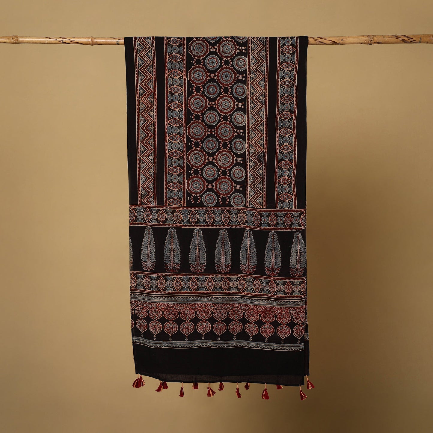 Buy Mul Cotton Block Print Ajrakh Stole with Tassels