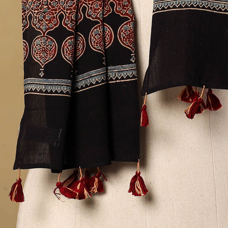 Buy Mul Cotton Block Print Ajrakh Stole with Tassels
