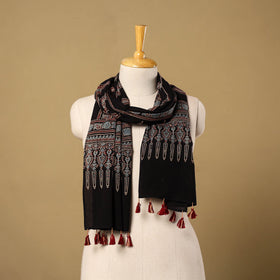 Buy Black Mul Cotton Block Print Ajrakh Stole with Tassels