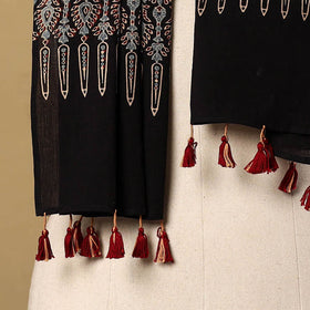 Buy Black Mul Cotton Block Print Ajrakh Stole with Tassels