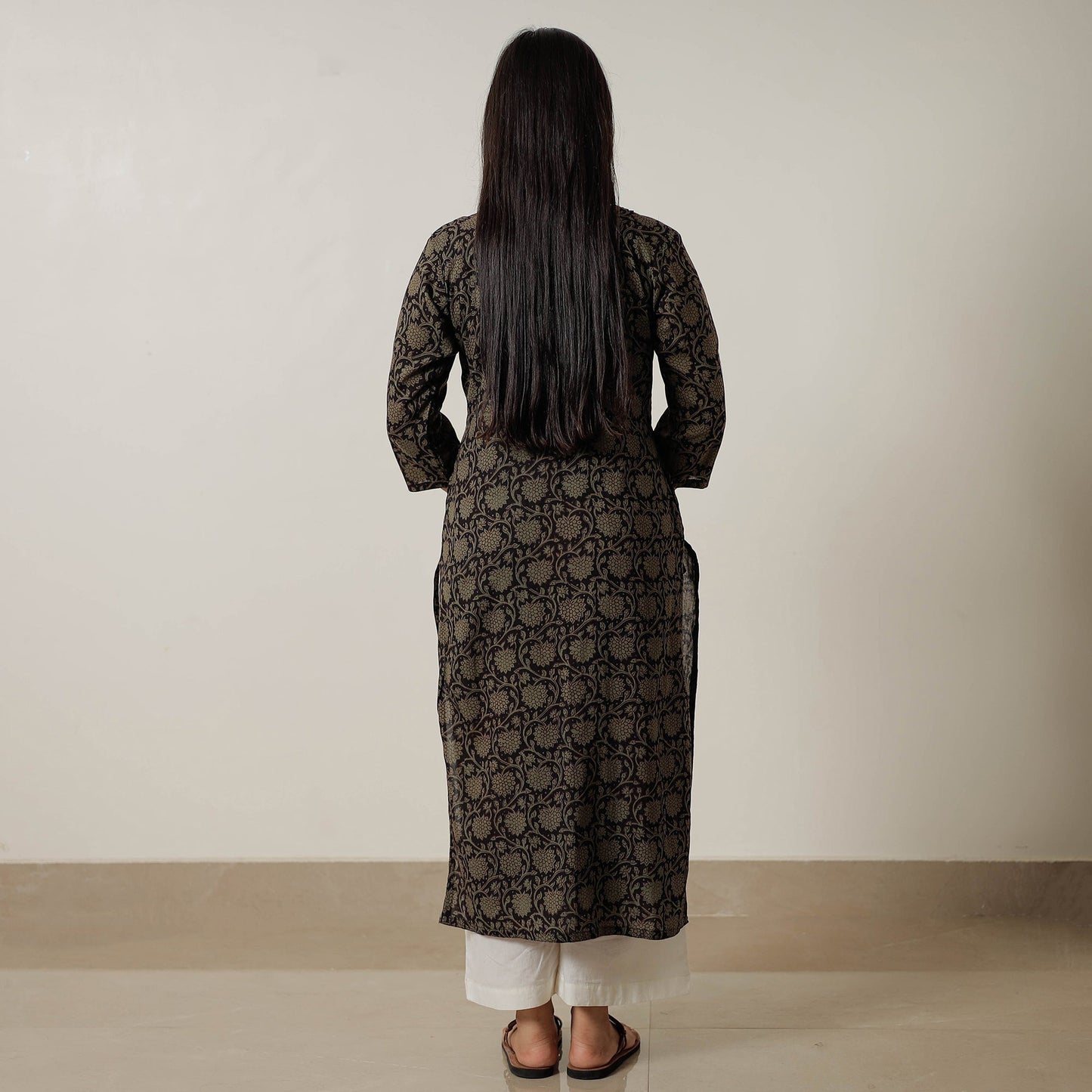 Black Block Print Mul Cotton Straight Bagh Kurta For Women