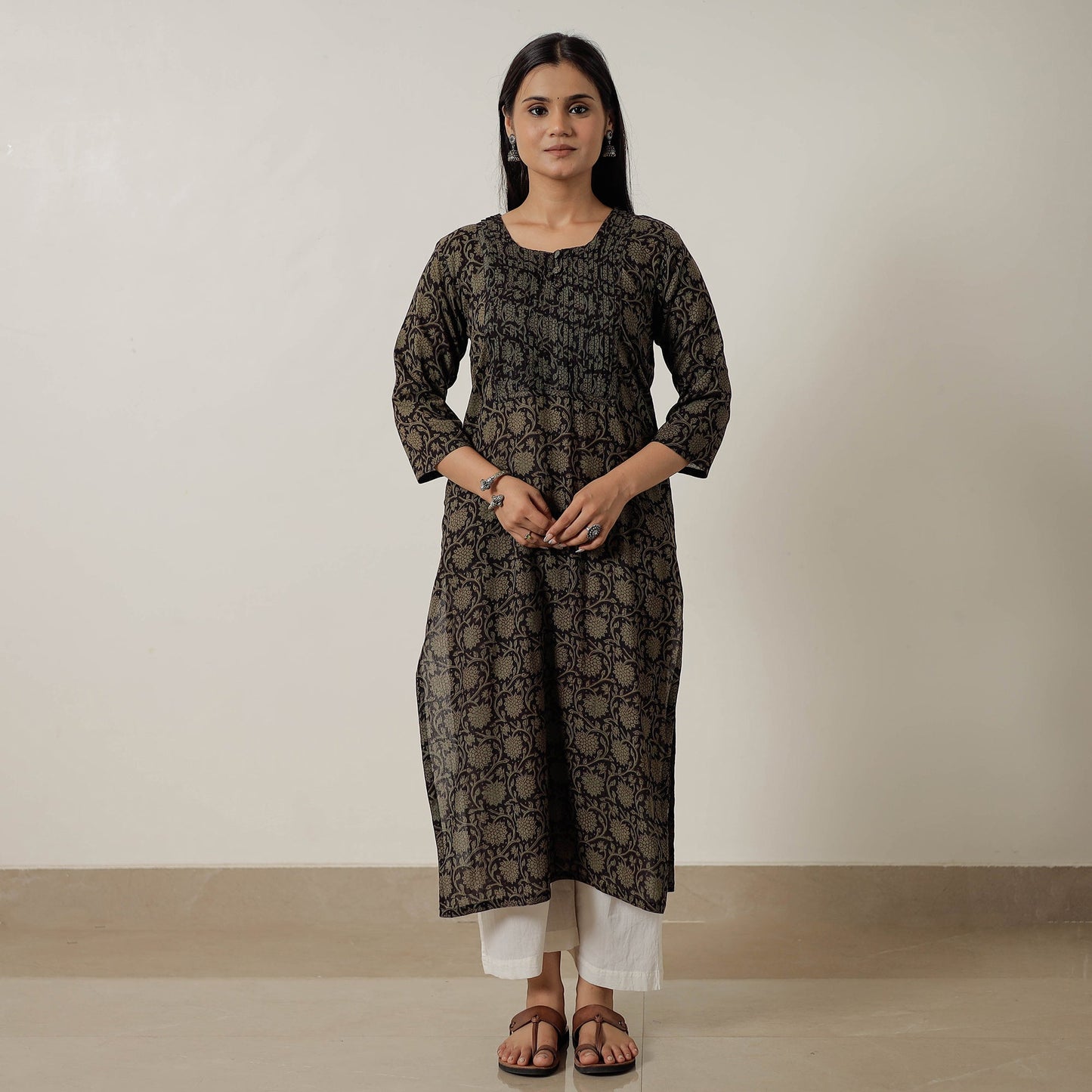 Black Block Print Mul Cotton Straight Bagh Kurta For Women