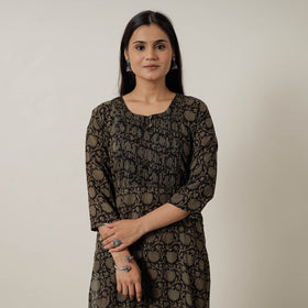 Black Block Print Mul Cotton Straight Bagh Kurta For Women