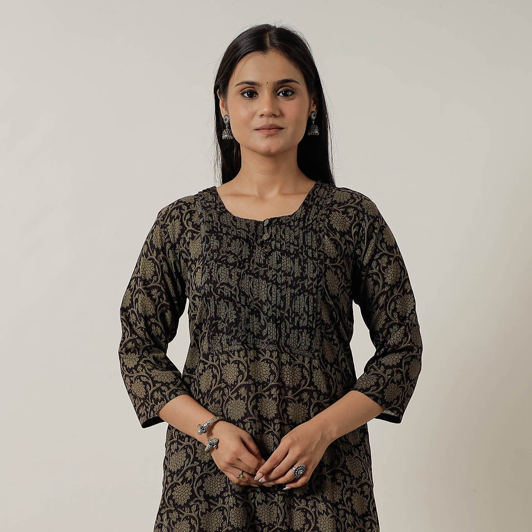 Black Block Print Mul Cotton Straight Bagh Kurta For Women