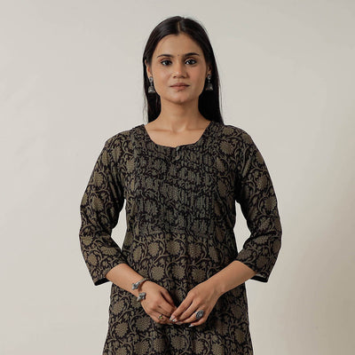 Black Block Print Mul Cotton Straight Bagh Kurta For Women