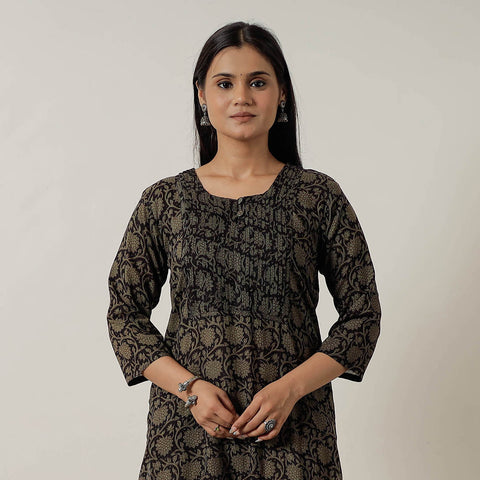 Black Block Print Mul Cotton Straight Bagh Kurta For Women
