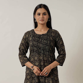 Black Block Print Mul Cotton Straight Bagh Kurta For Women