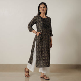 Black Block Print Mul Cotton Straight Bagh Kurta For Women