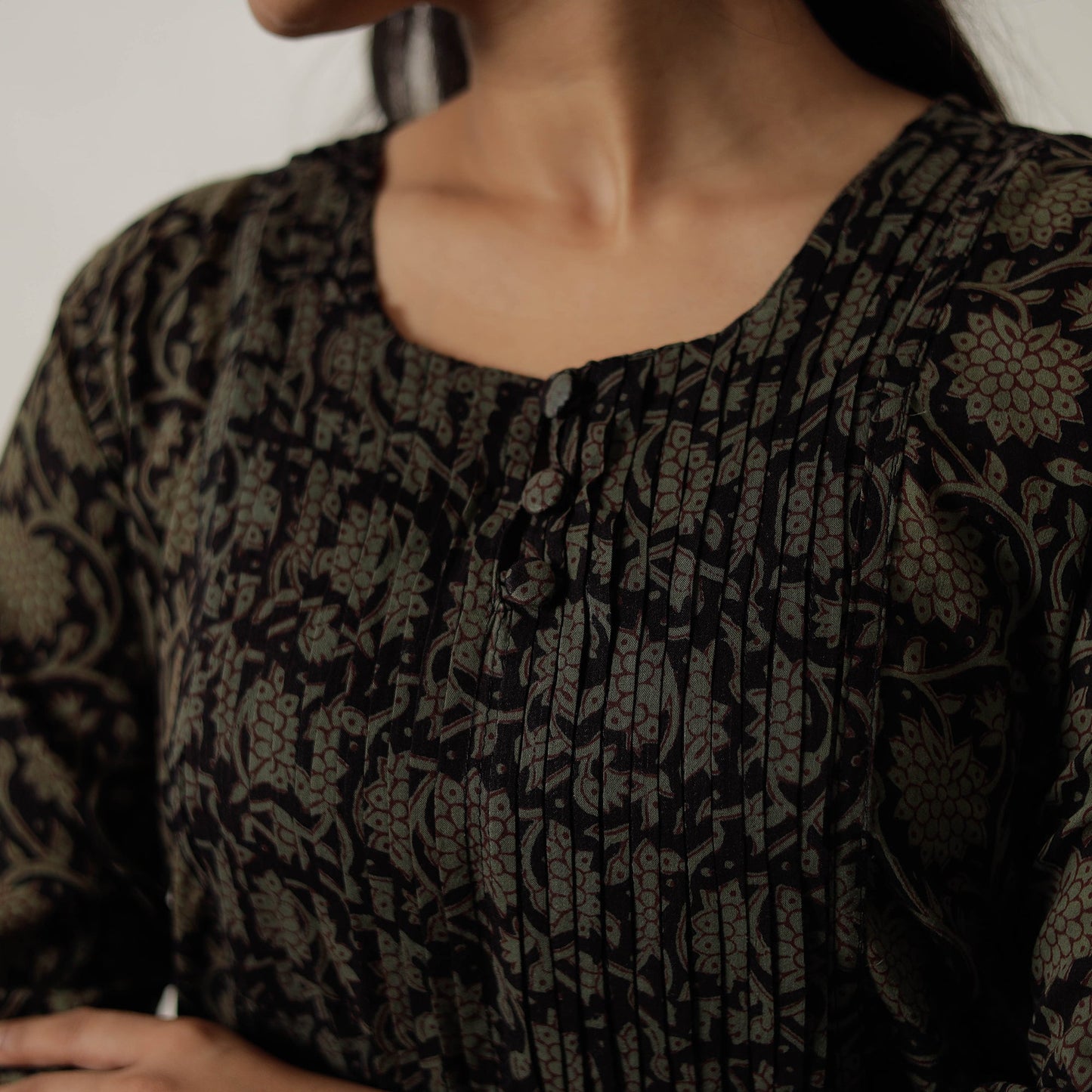 Black Block Print Mul Cotton Straight Bagh Kurta For Women