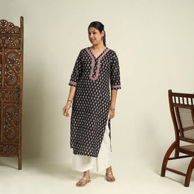  Black Block Print Mul Cotton Straight Bagh Kurta for Women