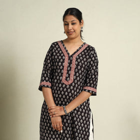  Black Block Print Mul Cotton Straight Bagh Kurta for Women