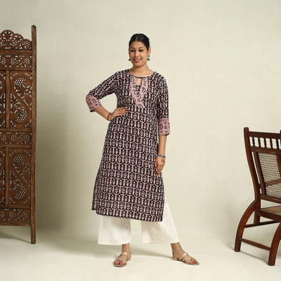  Black Block Print Mul Cotton Straight Bagh Kurta for Women
