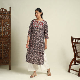  Black Block Print Mul Cotton Straight Bagh Kurta for Women