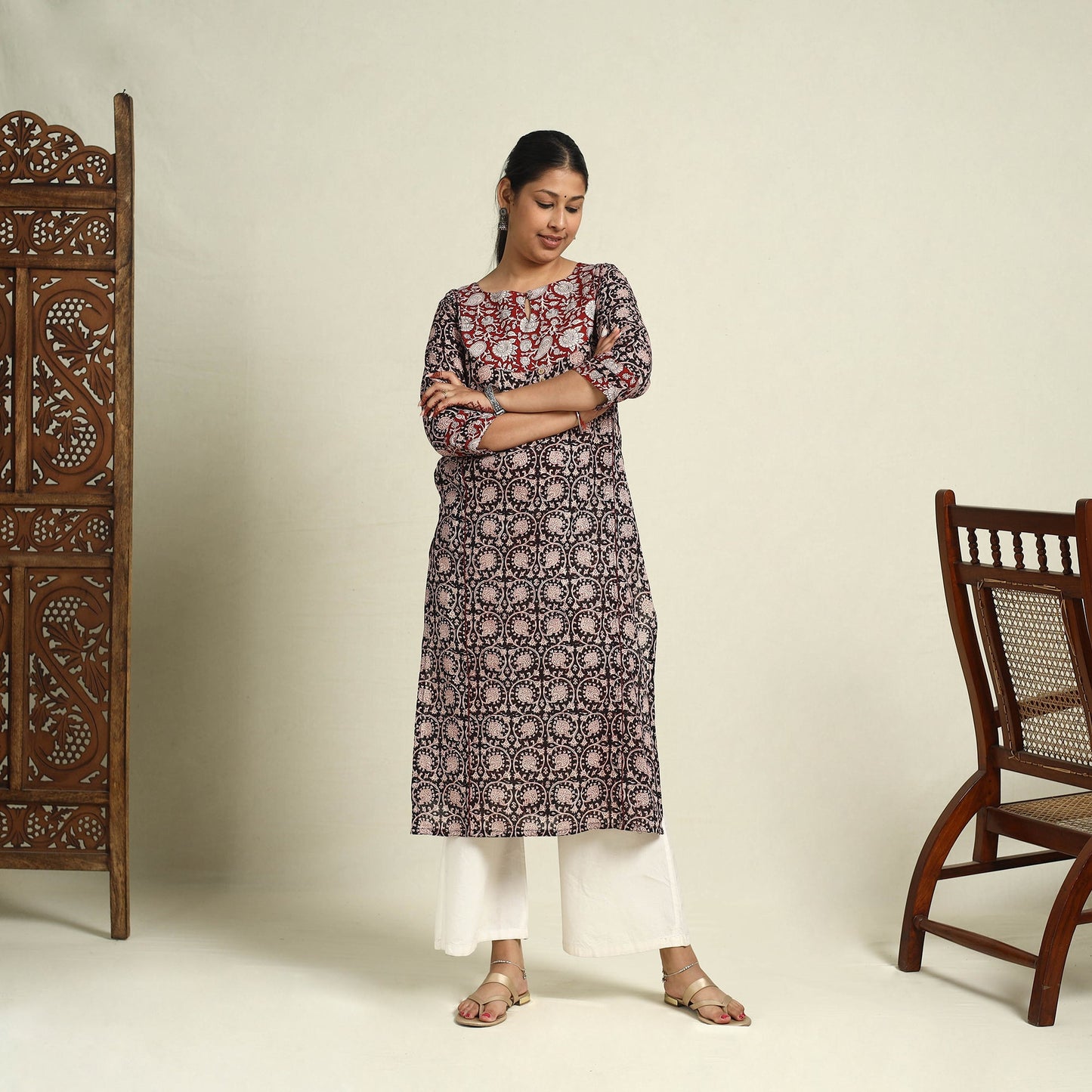  Black Block Print Mul Cotton Straight Bagh Kurta for Women