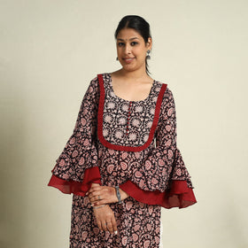  Black Block Print Mul Cotton Straight Bagh Kurta for Women