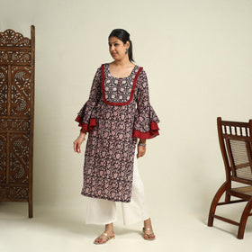  Black Block Print Mul Cotton Straight Bagh Kurta for Women