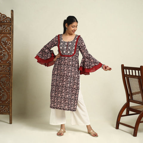  Black Block Print Mul Cotton Straight Bagh Kurta for Women