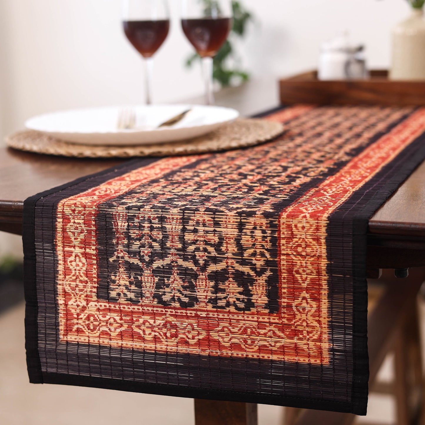 Black Natural Bamboo Bagh Block Printed Dining Table Runner