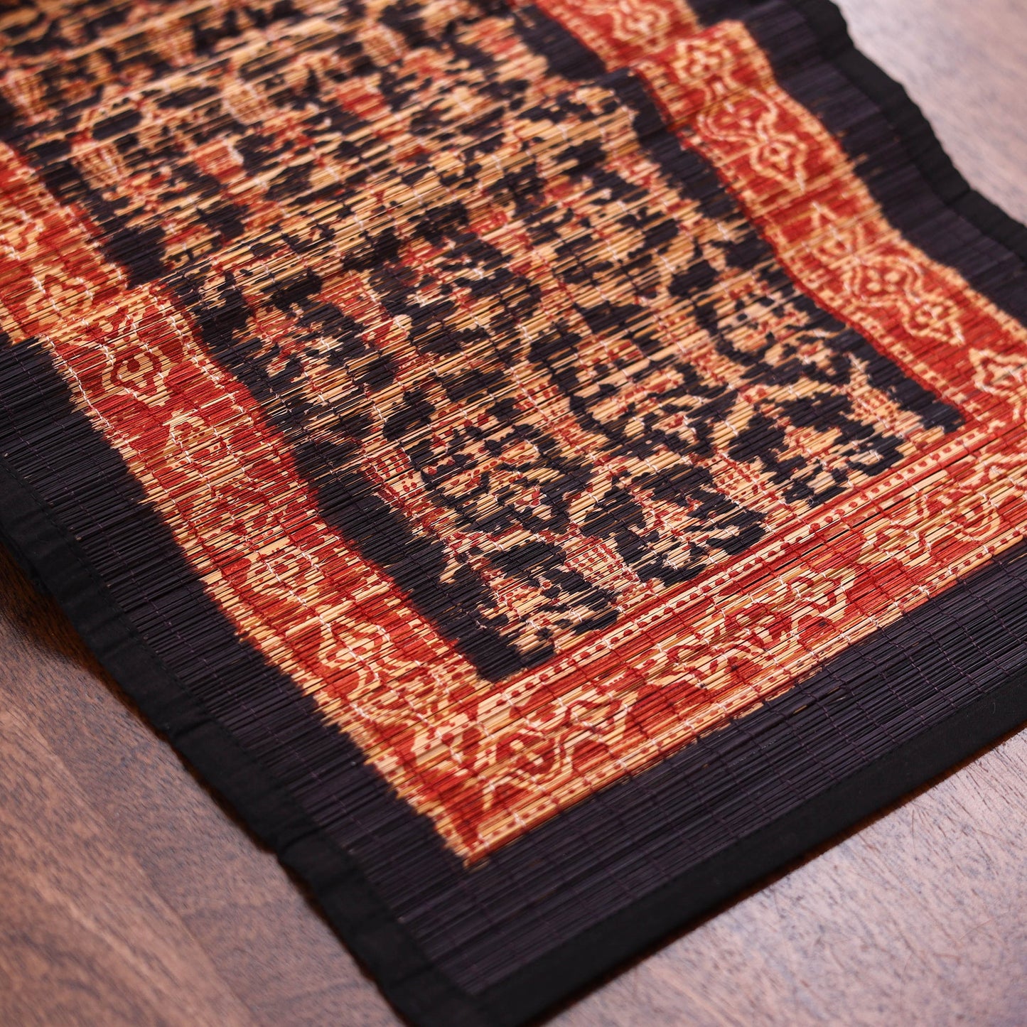 Black Natural Bamboo Bagh Block Printed Dining Table Runner