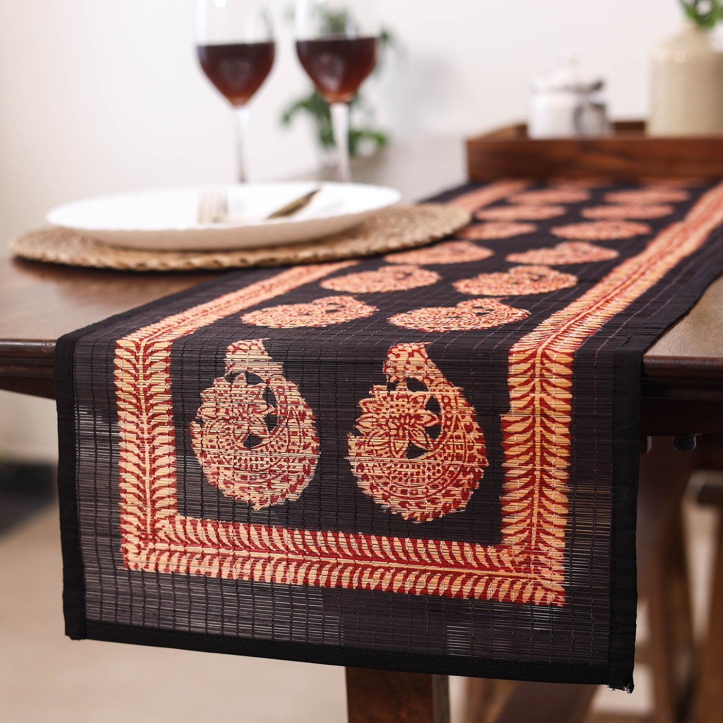 Black Natural Bamboo Bagh Block Printed Dining Table Runner