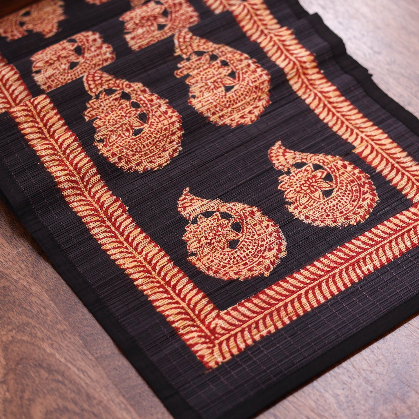 Black Natural Bamboo Bagh Block Printed Dining Table Runner