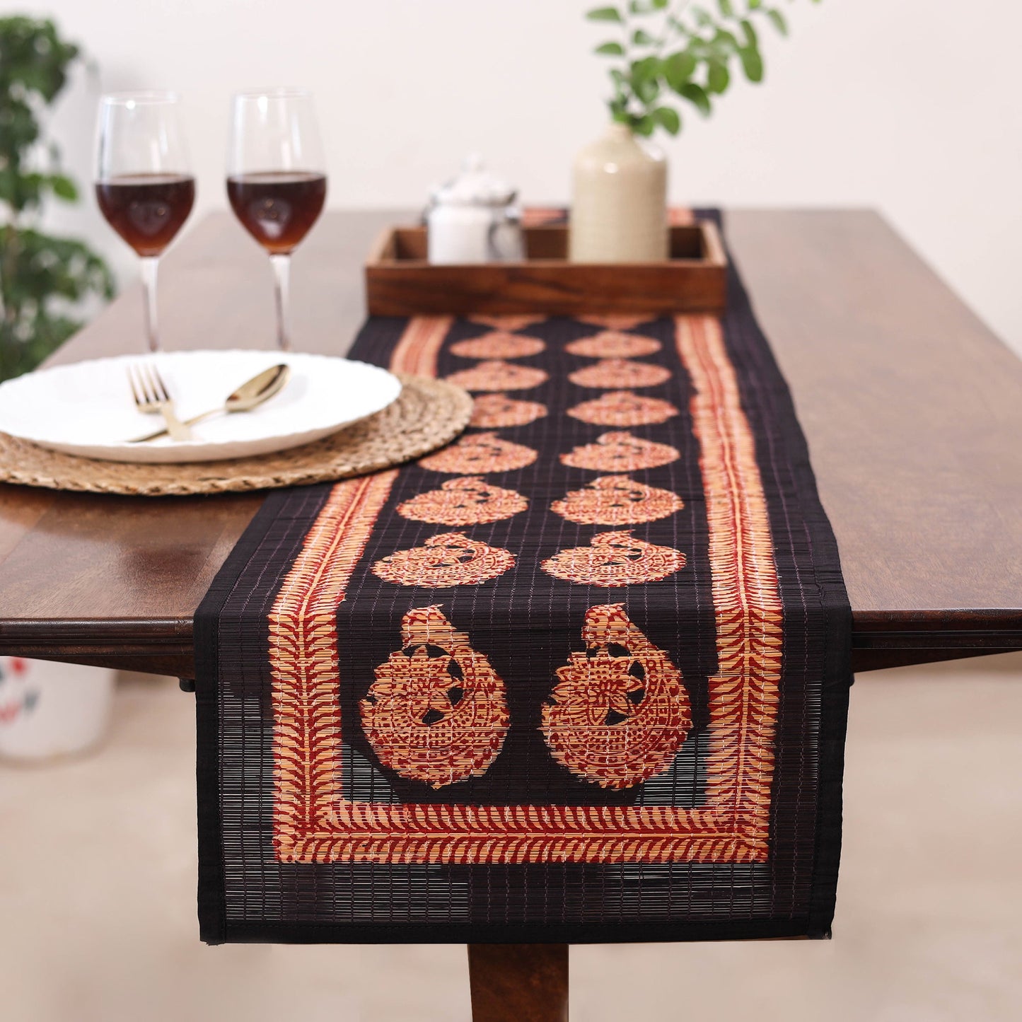 Black Natural Bamboo Bagh Block Printed Dining Table Runner
