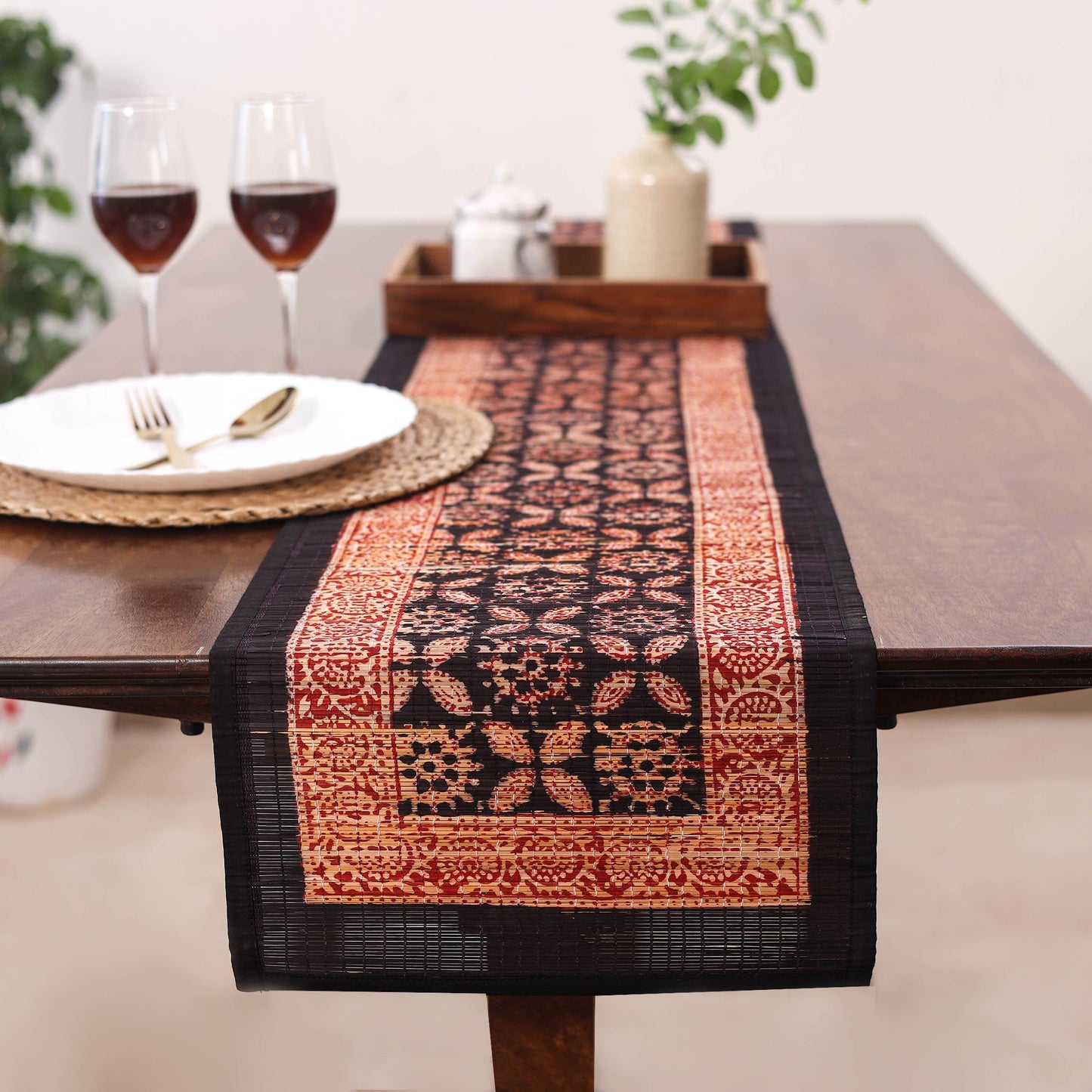 Black Natural Bamboo Bagh Block Printed Dining Table Runner