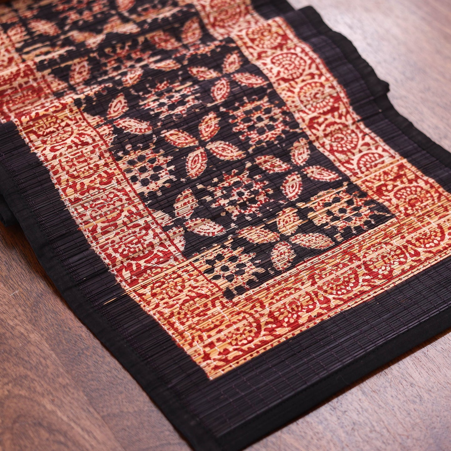 Black Natural Bamboo Bagh Block Printed Dining Table Runner