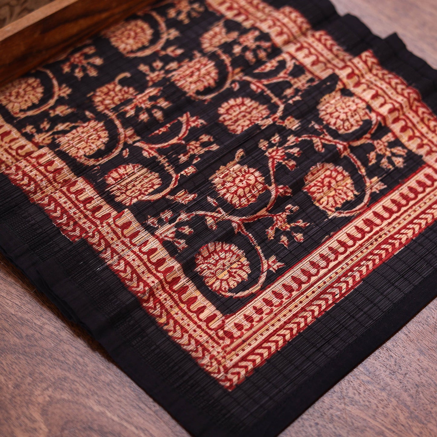 Black Natural Bamboo Bagh Block Printed Dining Table Runner