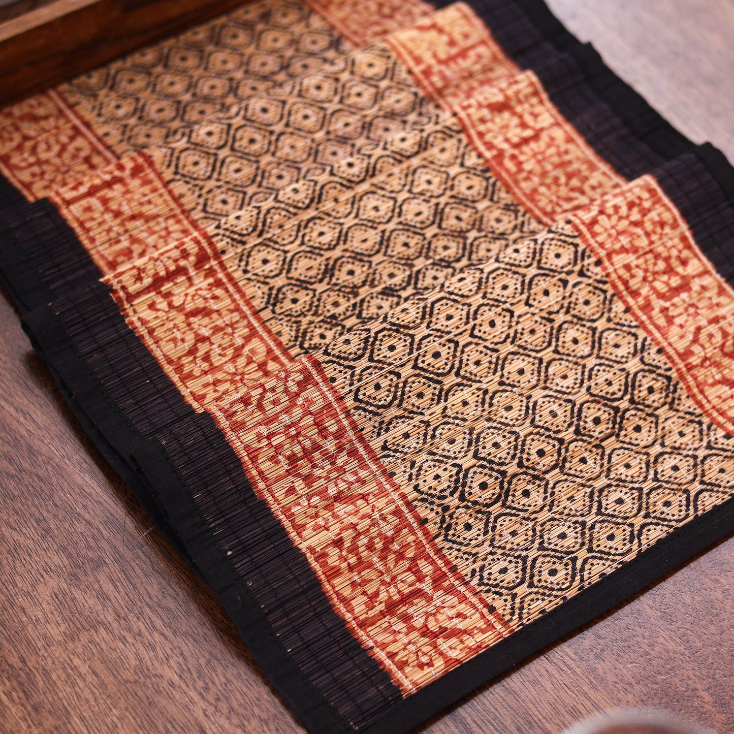 Black Natural Bamboo Bagh Block Printed Dining Table Runner