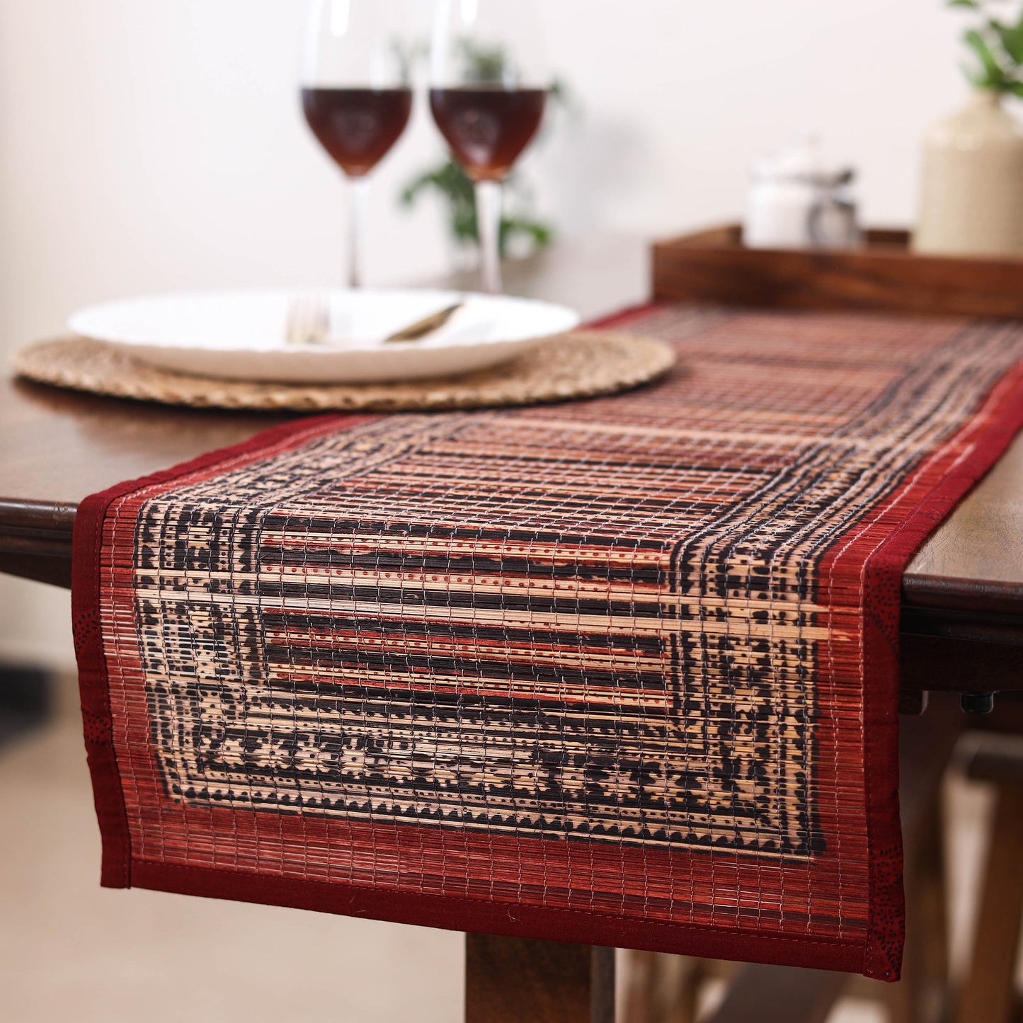 Black Natural Bamboo Bagh Block Printed Dining Table Runner
