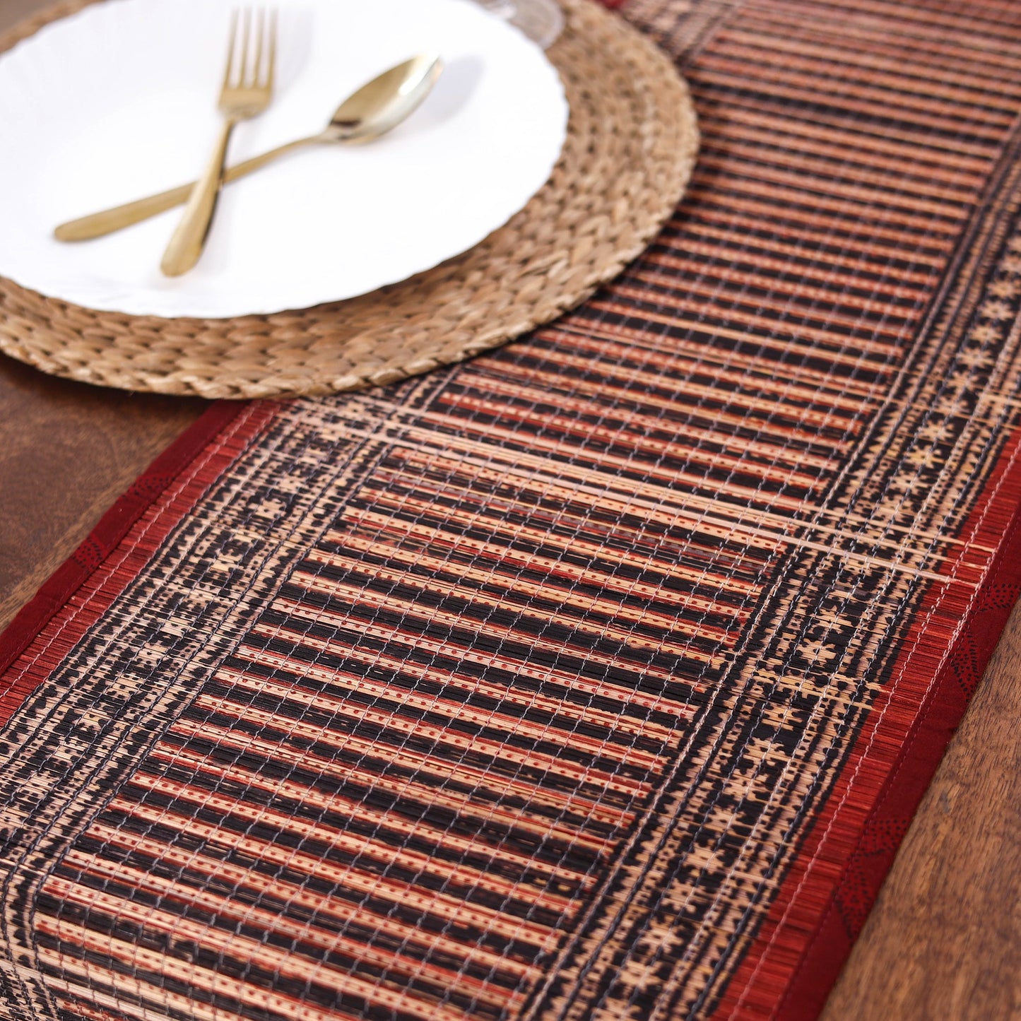 Black Natural Bamboo Bagh Block Printed Dining Table Runner