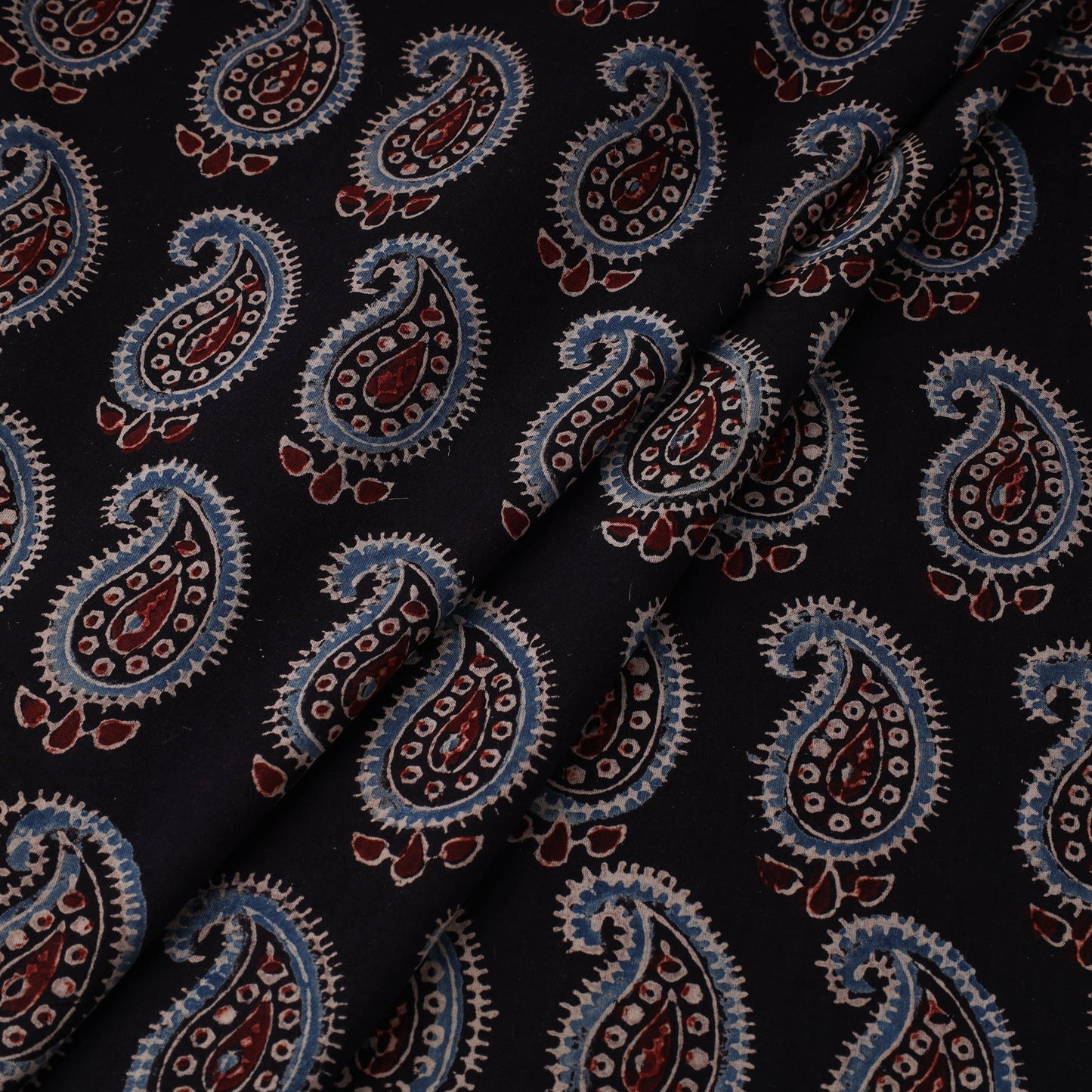 Black Natural Dyed 3 Kaam Block Print Cotton Ajrakh Fabric
