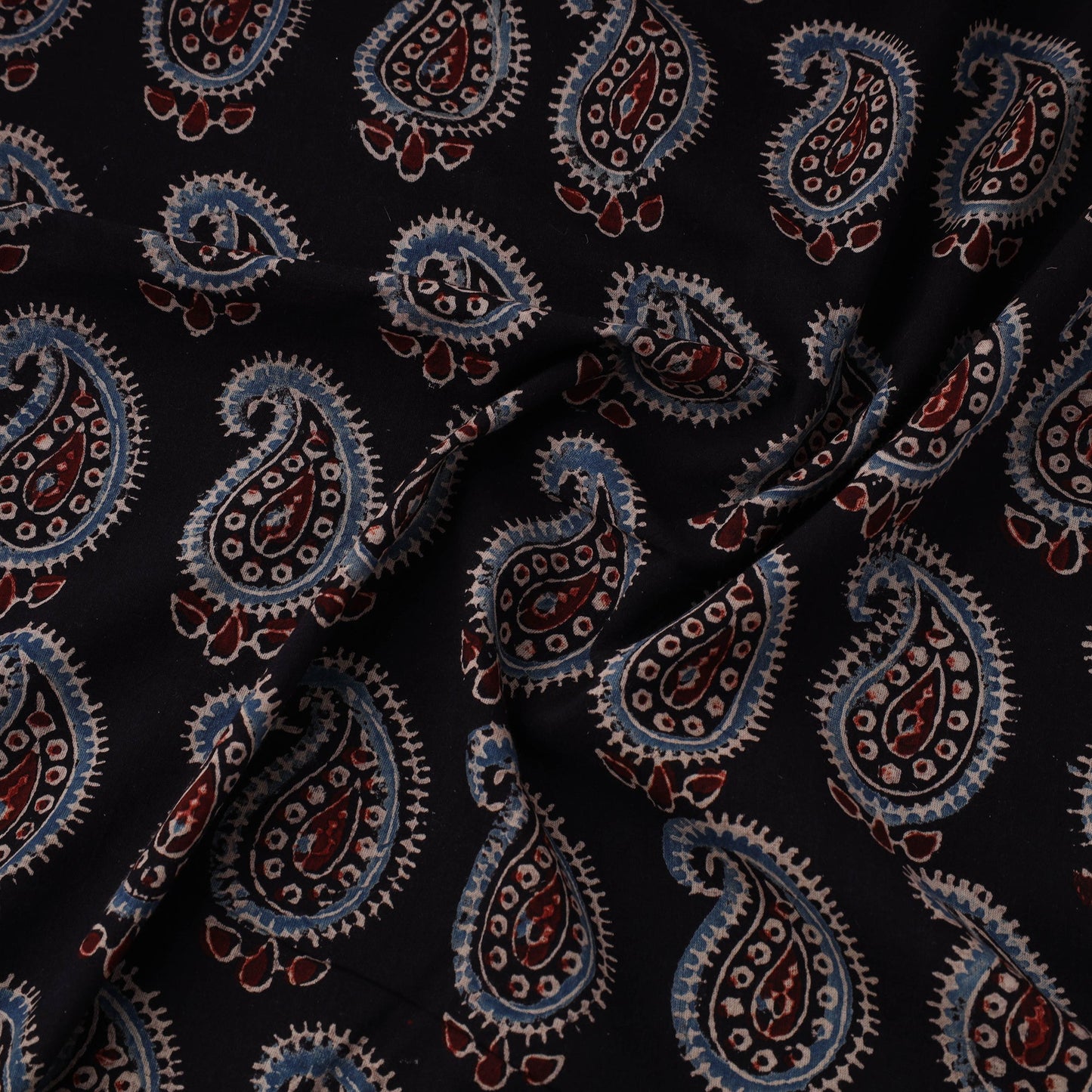 Black Natural Dyed 3 Kaam Block Print Cotton Ajrakh Fabric