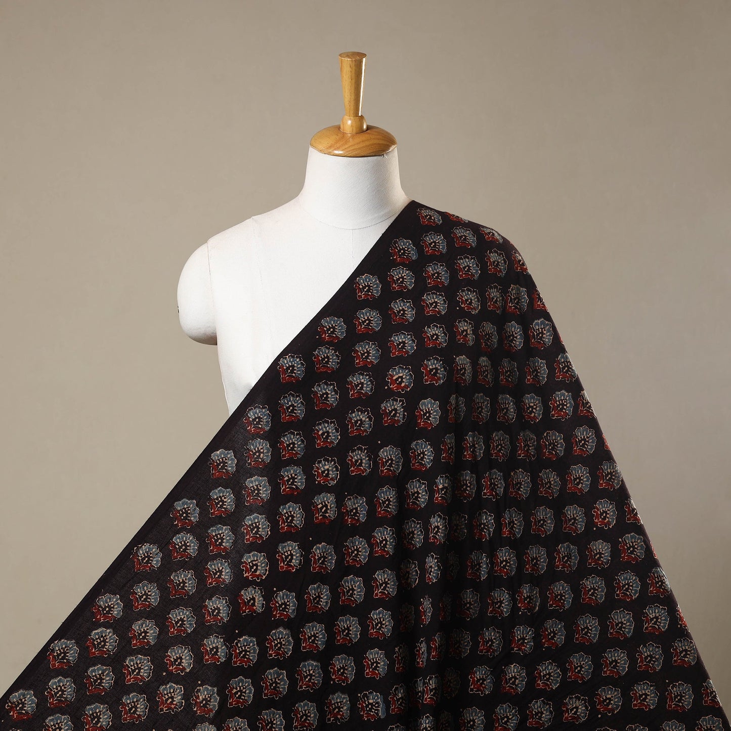 Black Natural Dyed 3 Kaam Block Print Cotton Ajrakh Fabric